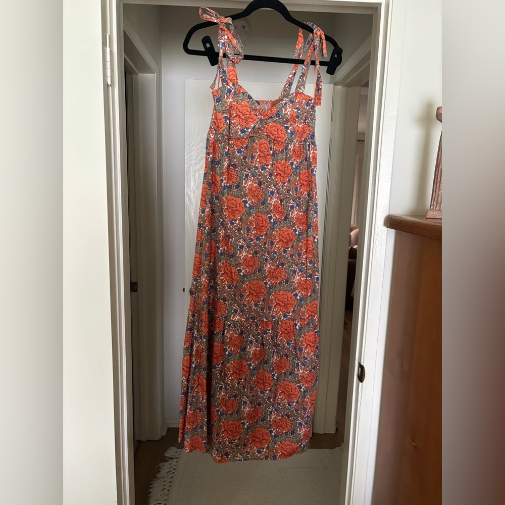 Zara Long‎ Printed Poplin Dress Sundress Tie Bow Straps Orange XS